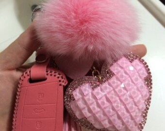 Rose Mignon Femmes Sac Charms Diamants roses Coeur Charms attacher Fourrure rose pom pom, Shine Bling Charm Porte-clés