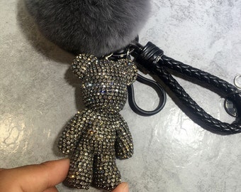 Teddy Bear Keychain Gray Rhinestone Grey Pompoms Puffs Furry Ball Fluffy Keychains Fuzzy Plush Key chains