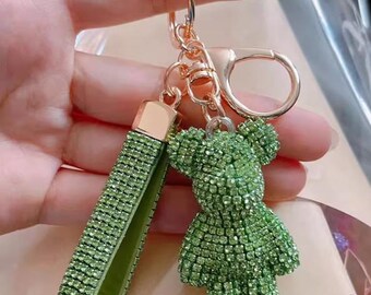 cute green rhinestone sparkle bear keychain keyring