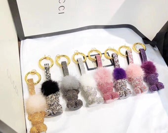 rhinestone crystal teddy bear super cute bag charm bling bling keychain with fuzzy pompoms handmade tote handbag charm sit style bear