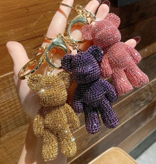Women's Car Keys Ring Sparkle Cute Teddy Bear Tassel Leather BV lanyard  Rope Fashion Big Girls Keychains Hot Pink