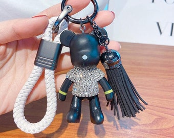 Witte kristallen beer sleutelhangers leuke sleutelhangers kwast lederen touw gevlochten unieke sleutelhanger portemonnee charme glitter sprankelende teddybeer auto sleutels ring