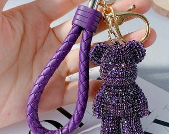 deep purple bear keychain glitter stones cute keyring car keys holder ring