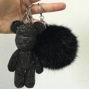 Schwarzen Swarovski Crtystal Bär Puppe Schlüsselanhänger mit schwarzen Pompon Leder Seil Lanyards benutzerdefinierte Handtasche Charme Schlüsselanhänger