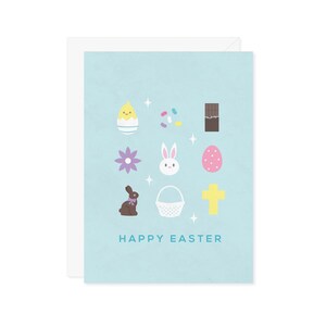 Carte de voeux Joyeuses Pâques - Croix en chocolat avec lapin, dragées à la gelée de bonbons, poussin, oeuf, panier de Pâques, symboles, cadeau - Panier de Pâques