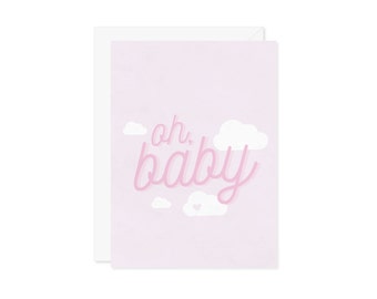 Baby Shower Card Oh, Baby Card - Baby Girl Pink Cloud Card New Parent Gift - Cloud Baby Shower Theme - A7 5x7 With Envelope