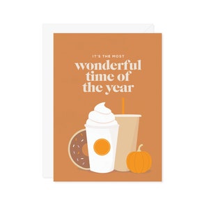 Carte de voeux C'est la plus belle période de l'année - Carte PSL pour amoureux de la citrouille et des épices, citrouille d'Halloween, café et beignet