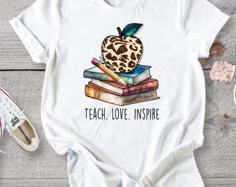 Teach Love Inspire Leopard Print Apple Shirt Back to School Shirt for Teachers Leopard Print Shirt Cheetah Print Shirt