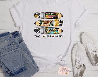 Teach Love Inspire Leopard Print Teacher Shirt Back to School Shirt
