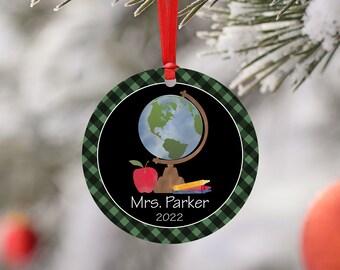 Personalized Teacher Christmas Ornament - Teacher Gift - Ornament with Name - Globe Design - Custom Name Ornament - Gift Under 15