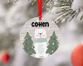 Personalized White Bear Christmas Ornament - Holiday Gift - Ornament with Name - Watercolor Design - Custom Name Ornament - Gift Under 15