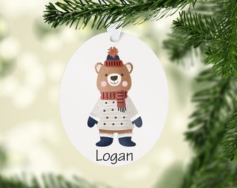 Personalized Bear Christmas Ornament - Holiday Gift - Ornament with Name - Winter Brown Bear - Custom Name Ornament - Gift Under 15
