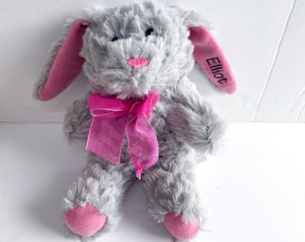 Personalized Gray Plush Bunny - Rabbit with Name - Baby Gift - Bunny Name - Baby Shower Gift - Gift Under 15 - Small Bunny - Pink Bunny