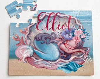 Personalized Mermaid Puzzle - Girls Puzzle - Kids Birthday Gift - Gift Under 20 - Children's Puzzle with Name - Mermaid in Shell Sleeping