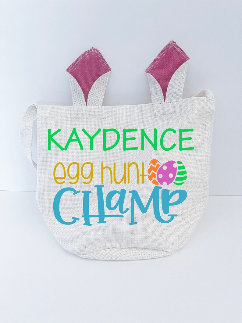 Personalized Easter Basket Bunny Basket Easter Gift Bunny Name Soft Easter Basket Rabbit Basket with Pink Ears Choice of Design Egg Hunt Champ