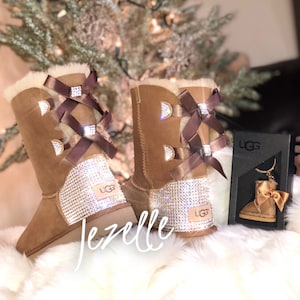 Swarovski Uggs, Personalized Bailey Bow Uggs Short, Customized Crystal BLING Women&#39;s Rhinestone Bedazzled Uggs 2 BOWS, Sparkle Ugg Boots