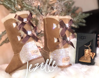 Swarovski Uggs, Personalized Bailey Bow Uggs Short, Customized Crystal BLING Women's Rhinestone Bedazzled Uggs 2 BOWS, Sparkle Ugg Boots