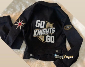 Crystal Custom VGK Jacket Hand Jeweled and One-of-a-Kind, Blinged Out Original Design Vegas Golden Knights Custom Jean Jacket