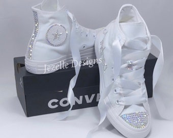 Bling Wedding Converse Hi Tops, Rhinestone Jeweled Crystals on Toes, Heels, Hand Jeweled High Tops Bedazzled All White ConverseChuck Taylors