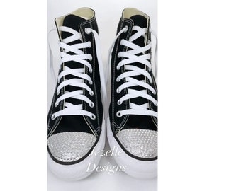 Custom Bedazzled Hi Top Black Converse All Stars, Rhinestoned Wedding Bridal Bride Groomsman Chuck Taylors by Jezelle Designs