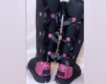 Crystal Custom Ugg Boots, 3 BOWS Tall Bailey BOW Uggs Hand Jeweled with Over 1300 Crystals, Women's Bedazzled Uggs, Rhinestone Ugg Boots