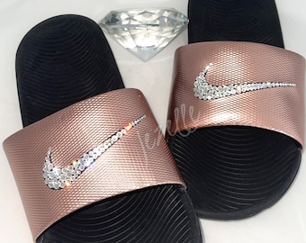 Rose Gold Custom Jeweled Swoosh Slides - Blinged Out Sandals Customized with Crystals - Bling Slip Ons - Bedazzled Sandals