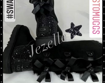 Swarovski Ugg Boots, 3 BOWS Tall Bailey BOW Uggs Custom Jeweled Over 1300 Crystals, Women's Bedazzled Uggs, Personalized JUST4 U! Free SH