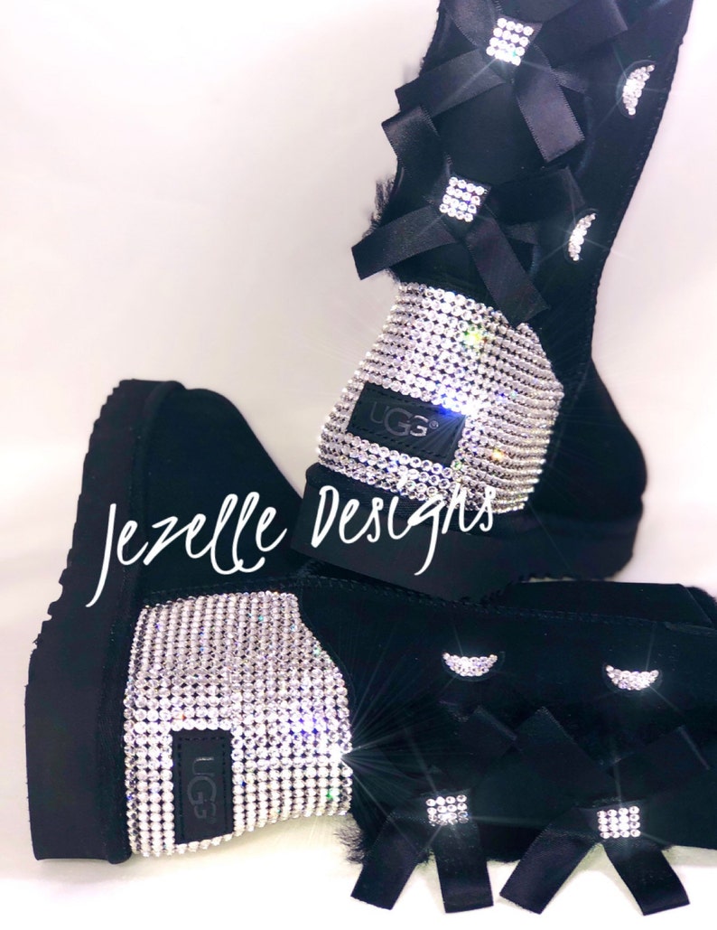 Bling UGGS 3 BOWS Tall Bailey BOW Ugg Boots Custom Hand Jeweled w/ over 1300 Crystals, Authentic Women's Bedazzled Uggs CLEAR heels&bows