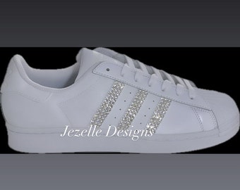 Custom Crystal Superstars in White Leather - Custom Jeweled Rhinestoned Low Tops - Bedazzled Shell Toes Women's Sneakers