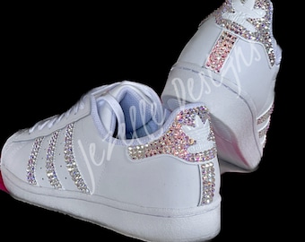 Blinged Out Kicks - Superstar Casual Shoes with Swarovski Crystals, Jeweled Custom Crystal White Sneakers, Women&#39;s Rhinestone Sneakers