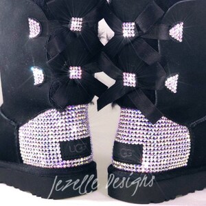 Bling UGGS 3 BOWS Tall Bailey BOW Ugg Boots Custom Hand Jeweled w/ over 1300 Crystals, Authentic Women's Bedazzled Uggs AB heels&bows