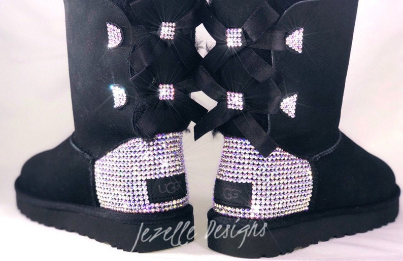 Bling UGGS 3 BOWS Tall Bailey BOW Ugg Boots Custom Hand Jeweled w/ over 1300 Crystals, Authentic Women's Bedazzled Uggs AB heels&bows