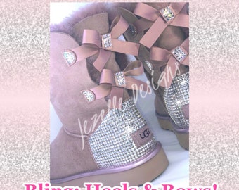 2- BOW Bling Uggs, Personalized Bailey Bow Uggs Hand Jeweled w/ 1,300 SWAROVSKI Crystals, Authentic Womens Custom SHORT Uggs, Gifts for her