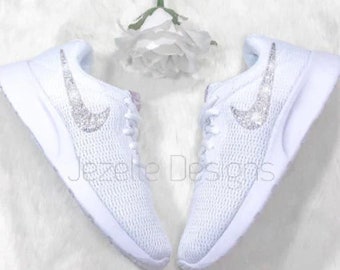 Bling White Tanjuns Custom Crystal Shoes, Bedazzled Trainers, Women's Jeweled Sneakers, Girls Blinged Out Checks Swooshes