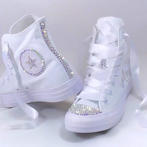 Personalized Converse Hi Tops, Custom Crystal Hand Jeweled Bedazzled Chuck Taylor All Star Monochrome White High Top Converse with Name