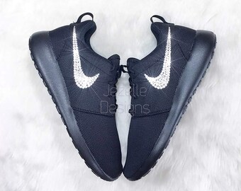 Sz 9 - All 4 Logos Blinged Out | Custom Crystal Roshe One Shoes all Black | Bling Trainers Bedazzled Shoes