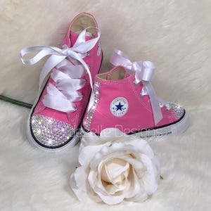 Bling Baby Shoes in Pink, Crystal Bedazzled Baby Chucks, Hand Jeweled Custom Hi Tops for Toddlers, First Birthday Shoes