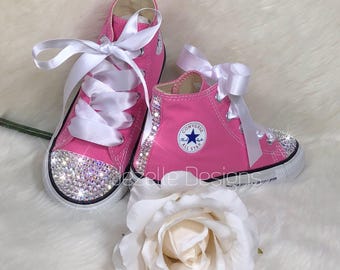 Bling Baby Shoes in Pink, Crystal Bedazzled Baby Chucks, Hand Jeweled Custom Hi Tops for Toddlers, First Birthday Shoes