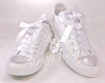 Bling Wedding Shoes ALL WHITE Wedding Converse, Hand Jeweled Custom Name Chucks with Swarovski Crystal Rhinestone Converse | Jezelle Designs