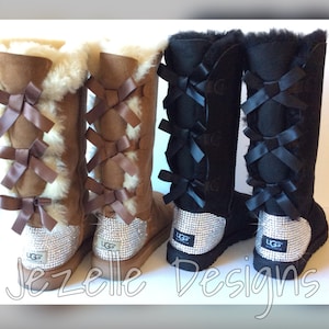 Bling UGGS-  3 BOWS Tall Bailey BOW Ugg Boots Custom Hand Jeweled w/ over 1300 Crystals, Authentic Women's Bedazzled Uggs