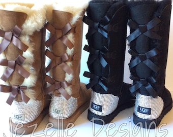 Bling UGGS-  3 BOWS Tall Bailey BOW Ugg Boots Custom Hand Jeweled w/ over 1300 Crystals, Authentic Women's Bedazzled Uggs