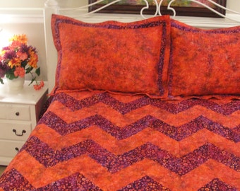 Handmade Quilt Ensemble,  Queen-King quilt with Pillow Shams, Chevron Quilt Ensemble