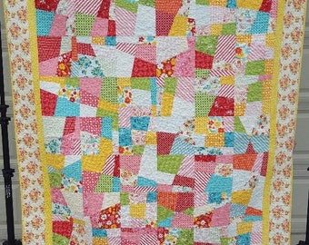 Handemade Quilt, Multi-colored Quilt, "Summer Sunshine", Throw size Quilt, Bright Crazy Style Quilt,