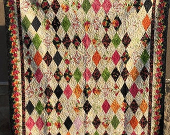 Queen Handmade Quilt, Diamond Jubilee Patterned Quilt, Multi-Colored Quilt,