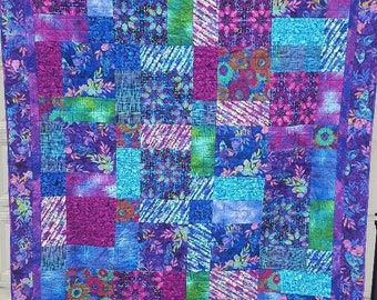 Large Handmade Quilt, 65" x 77" Blue Quilt, Full Size Handmade Quilt, Purple/Raspberry/ Purple Quilt, Blueberry Patchwork Quilt, Floral  Bed