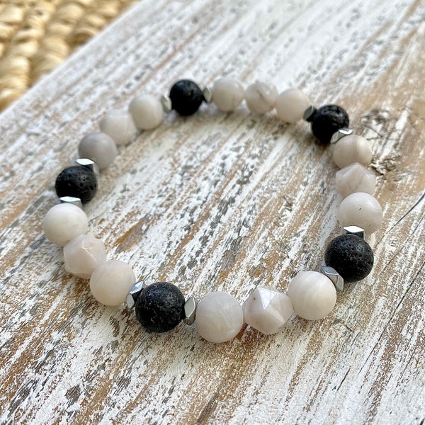 Essential Oil Diffuser Bracelet, Agate + Lava Bead Bracelet, Aromatherapy Jewelry, Positive Energy, Protection, Calming