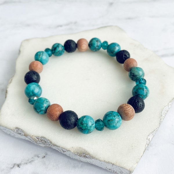 Essential Oil Diffuser Bracelet, African Turquoise , Rosewood + Lava Bead Bracelet, Aromatherapy Jewelry, Positive Energy