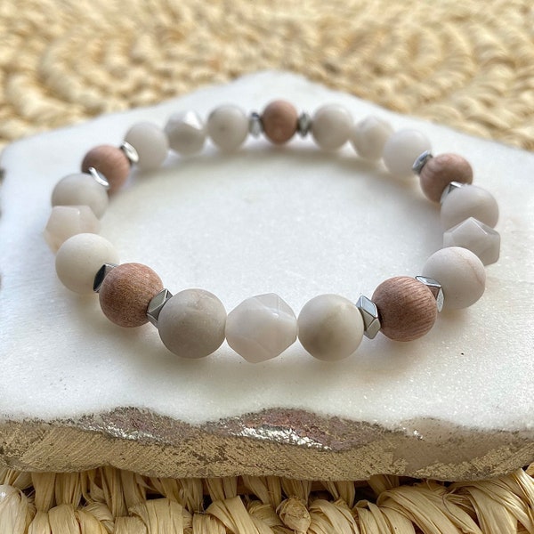 White Agate + Rosewood Beads Diffuser Bracelet, Essential Oil Aromatherapy Bracelet, Positive Energy, Protection, Calming