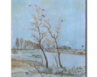 FRÜHLINGSLANDSCHAFT Original Ölgemälde eines ukrainischen Künstlers Grabowski, 1990er Jahre, Natur, Wasserlandschaft, Flussufer, Bäume, Vögel, impressionistische Kunst
