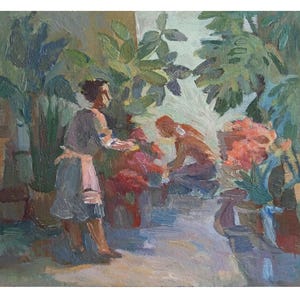 GÊNERO PINTURA A ÓLEO Pintura a óleo original vintage do artista ucraniano R.Neidinh Na estufa de flores Década de 1960 Elegância clássica Estética retrô